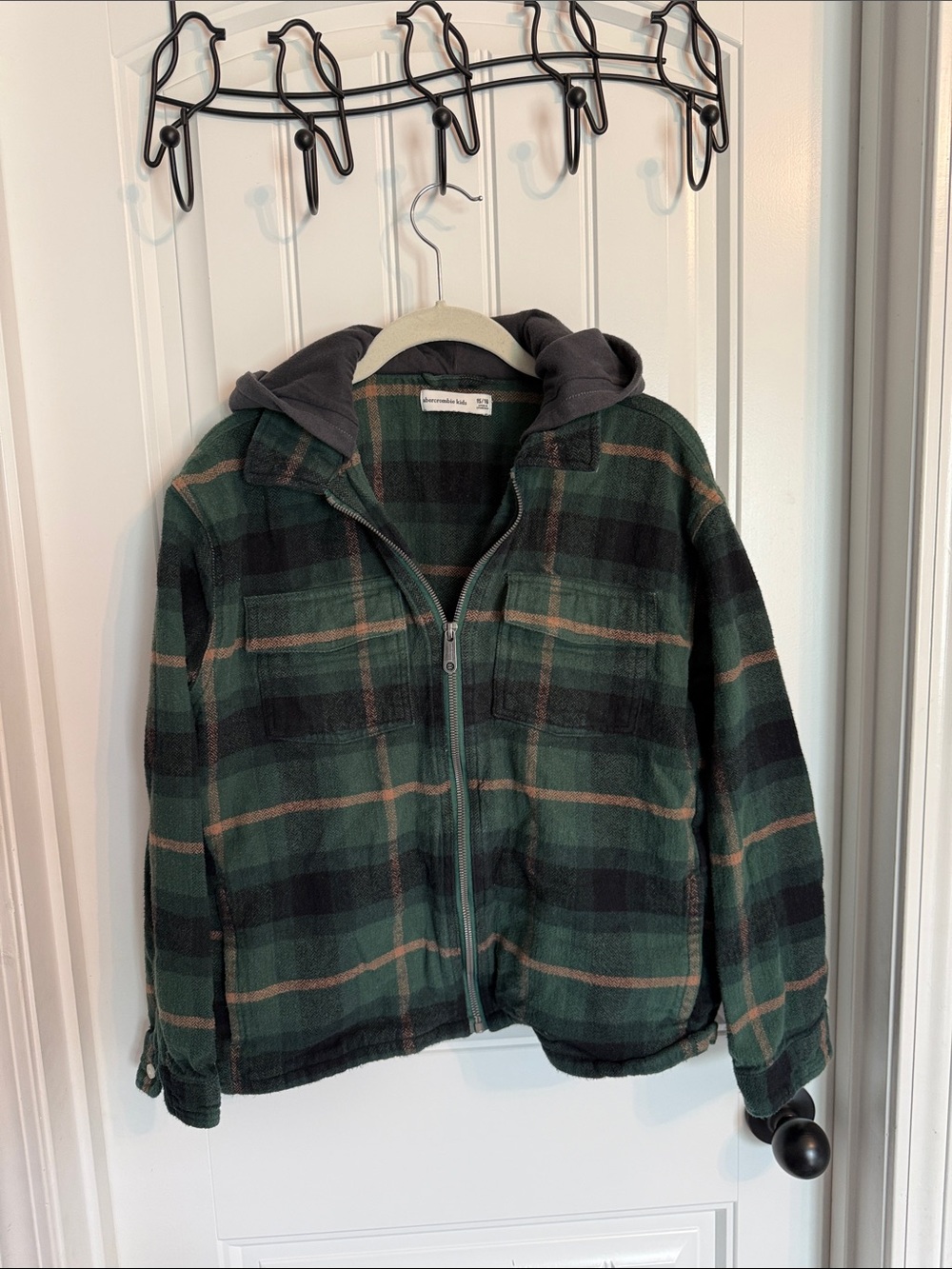 Boys 15/16 Abercrombie kids Green and Black Plaid Hooded Zip Jacket